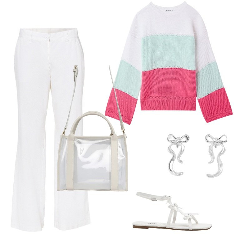 Outfit donna - Total look #2166621. Stile Casual per Tutti i giorni. Abbinamento con sandali, pantaloni, borse tote, orecchini, maglieria.