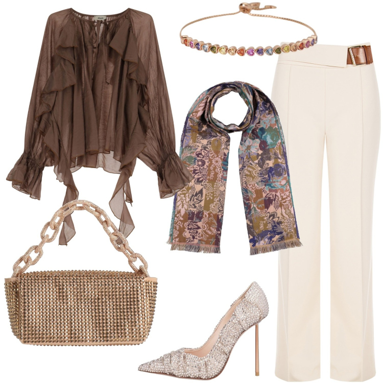 Outfit donna - Rouches per il matrimonio all\'aperto. Stile Chic per Cerimonia. Abbinamento con sciarpe, décolleté, borse a mano, camicie, braccialetti, pantaloni.