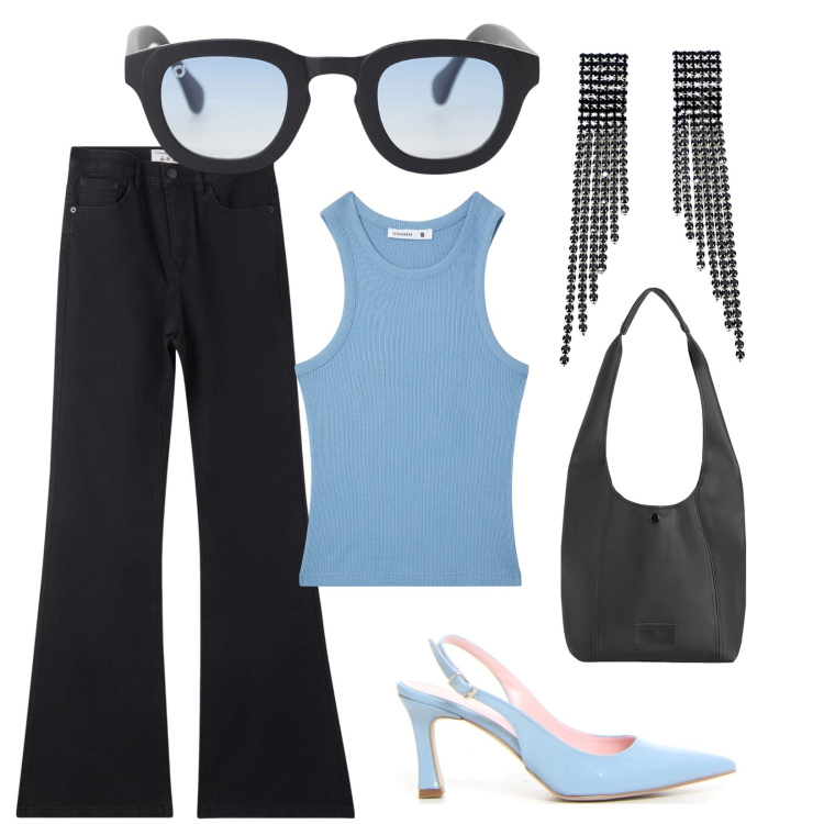 Outfit donna - Light Blue Skyline. Stile Casual chic per Tutti i giorni. Abbinamento con jeans a zampa, top sportivi, occhiali da sole, borse a spalla, orecchini, décolleté.