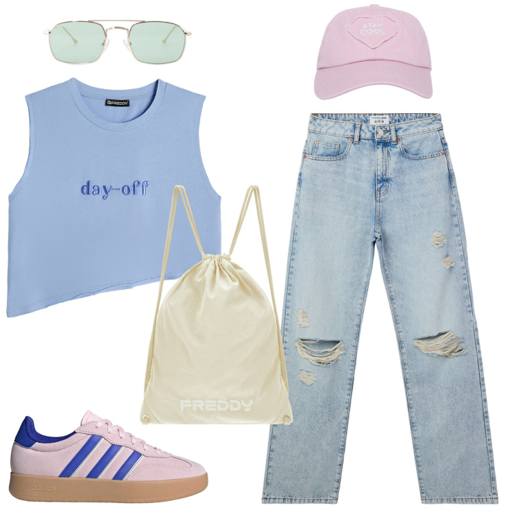 Outfit donna - Day-off. Stile Sporty chic per Tutti i giorni. Abbinamento con jeans strappati, cappelli, occhiali da sole, zaini, t-shirt, sneakers.