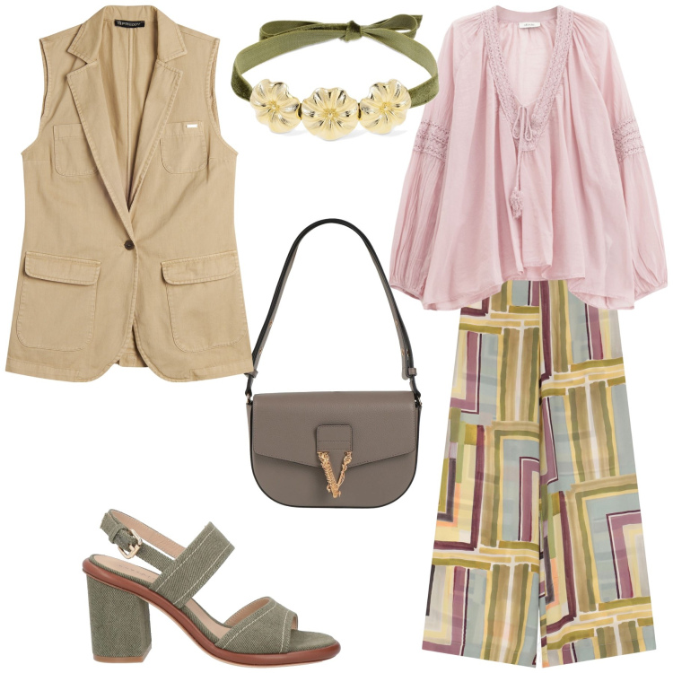 Outfit donna - Passeggiata in centro. Stile Boho per Tutti i giorni. Abbinamento con sandali in pelle, borse a mano, gilet, pantaloni, camicie, collane.