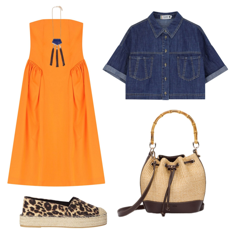 Outfit donna - Arancio in estate. Stile Sporty chic per Tutti i giorni. Abbinamento con espadrillas, blazer, vestiti midi/longuette, borse a secchiello, ciondoli.