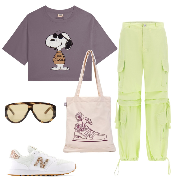 Outfit donna - Maglia cool. Stile Sporty chic per Tutti i giorni. Abbinamento con shopping bag, occhiali da sole, pantaloni cargo, t-shirt, sneakers.