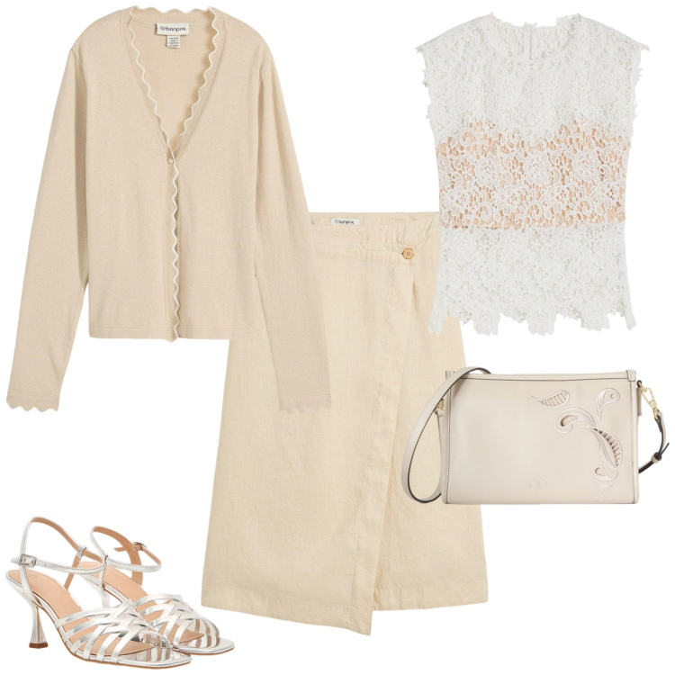 Outfit donna - Sabbia e merletto. Stile Casual chic per Tutti i giorni. Abbinamento con top, cardigans, gonne, sandali col tacco, borse a tracolla.