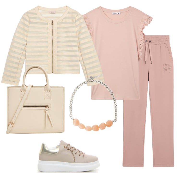 Outfit donna - Total look #2166656. Stile Casual per Tutti i giorni. Abbinamento con t-shirt, shopping bag, collane, pantaloni, sneakers, blazer.