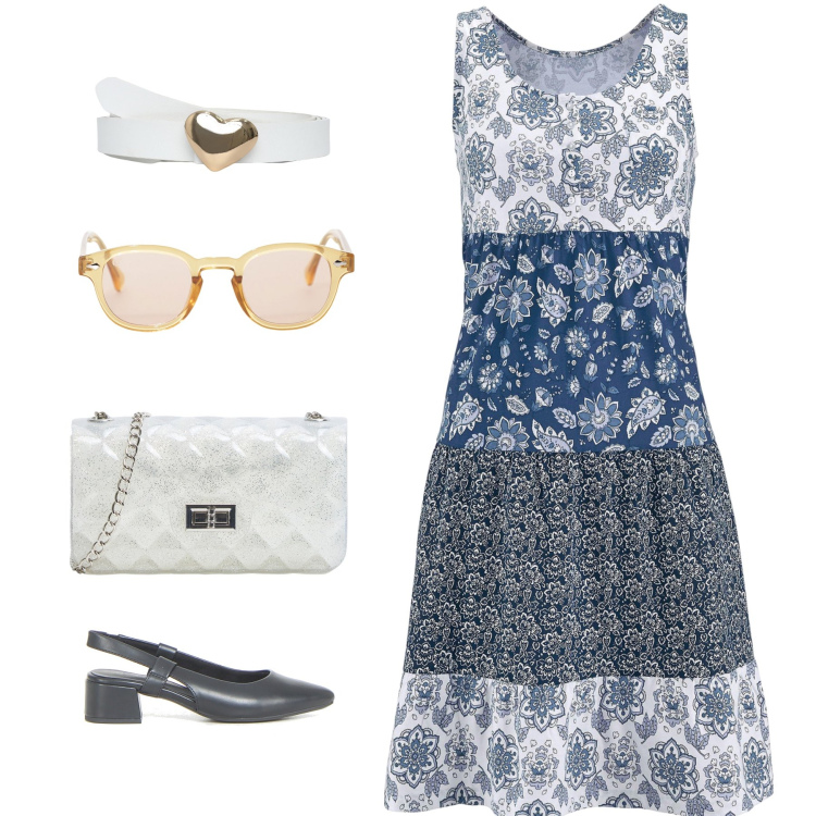 Outfit donna - Total look #2166657. Stile Romantica per Tutti i giorni. Abbinamento con vestiti corti, borse a tracolla, cinture, occhiali da sole, décolleté.