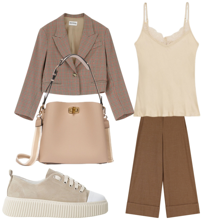 Outfit donna - Allegoria di marrone. Stile Casual per Ufficio. Abbinamento con sneakers, blazer, pantaloni a palazzo, borse a secchiello, top.