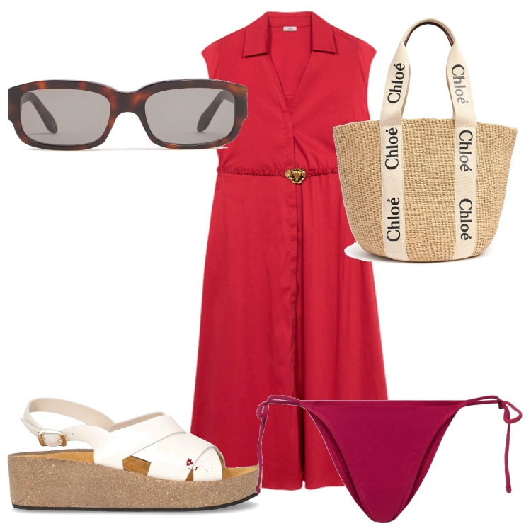 Outfit donna - Total look #2166671. Stile Trendy per Mare. Abbinamento con sandali, vestiti chemisier, shopping bag, bikini, occhiali da sole.