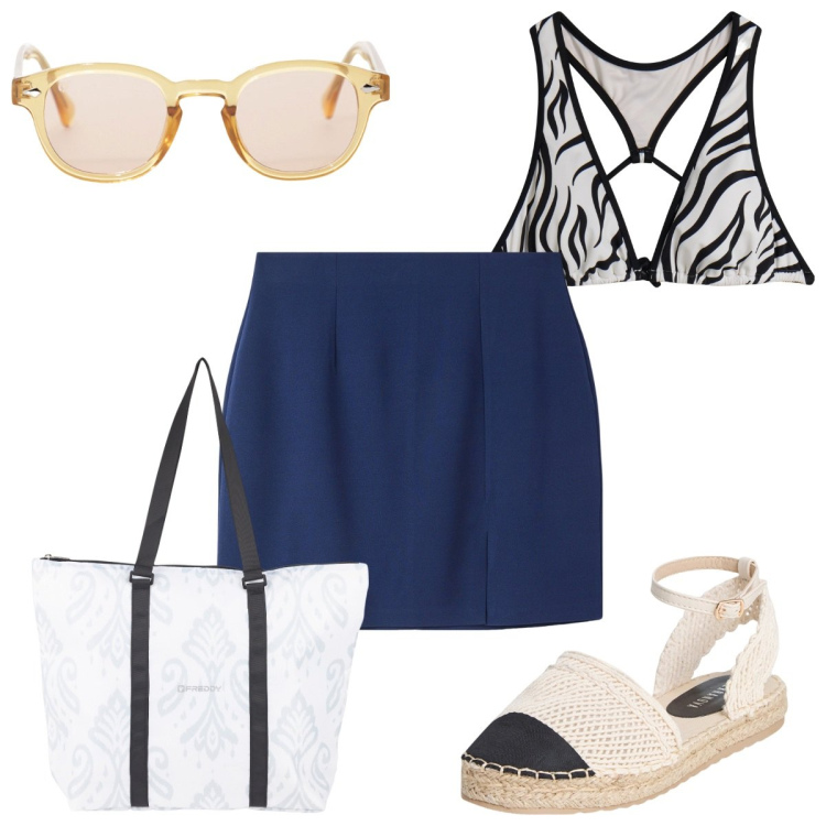 Outfit donna - Total look #2166678. Stile Trendy per Mare. Abbinamento con minigonne, espadrillas, occhiali da sole, shopping bag, bikini.