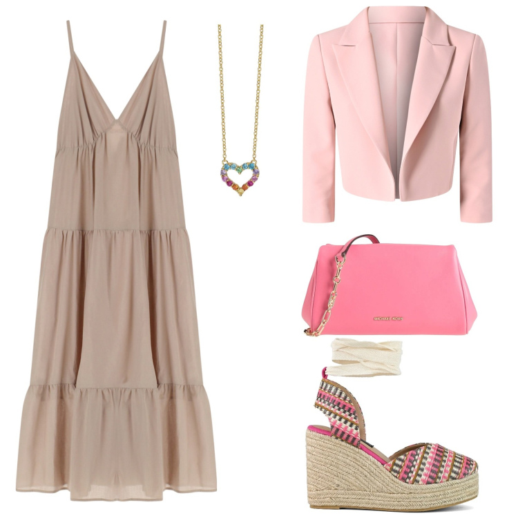 Outfit donna - Comunione. Stile Casual per Serata fuori. Abbinamento con borse a tracolla, collane, blazer, vestiti lunghi, zeppe.