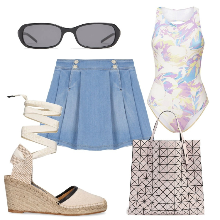 Outfit donna - Total look #2166684. Stile Trendy per Mare. Abbinamento con minigonne, shopping bag, espadrillas, costumi interi, occhiali da sole.