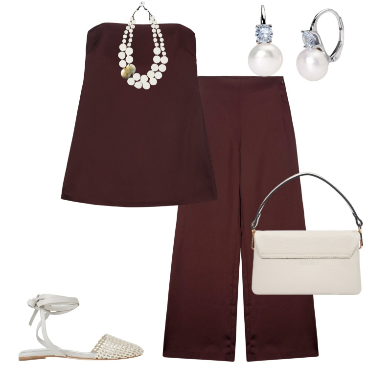 Outfit donna - Pantaloni e top. Stile Chic per Cerimonia. Abbinamento con ballerine, orecchini, top, pantaloni a palazzo, ciondoli, borse a tracolla.