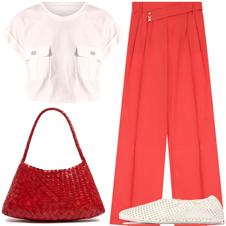 Outfit donna - Red. Stile Casual per Tutti i giorni. Abbinamento con pantaloni, t-shirt, ballerine, borse a spalla.