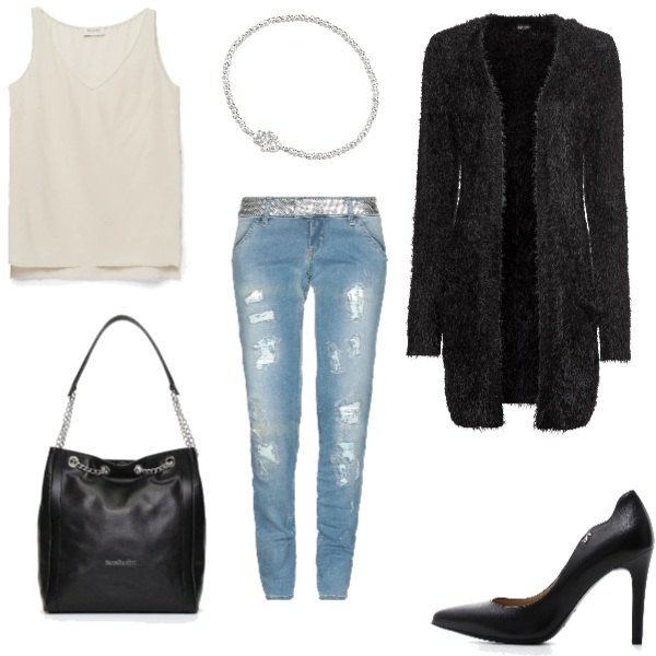 Outfit donna - Every day. Stile Urban per Tutti i giorni. Abbinamento con cardigans, jeans con strass delavé vita bassa con zip tinta unita, décolleté nero, catena con manico interno foderato nero, bracciale, canottiera forma asimmetrica made italy con scollo in seta.