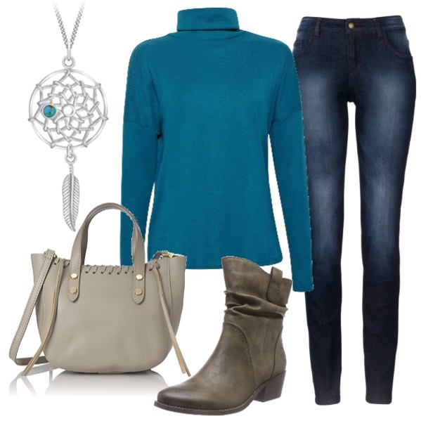 Outfit donna - Tombola in famiglia. Stile Basic per Tutti i giorni. Abbinamento con jeans skinny, maglia a maniche lunghe navy, stivaletti verde e kaki, borsa a mano, collana con ciondolo in sterling 925 ipoallergenico argento e turchese e bianco.