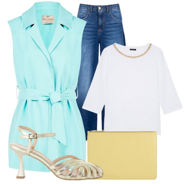 Outfit donna - Denim soft con twist femminile. Stile Casual chic per Tutti i giorni. Abbinamento con pochette, gilet, jeans, sandali col tacco, t-shirt.