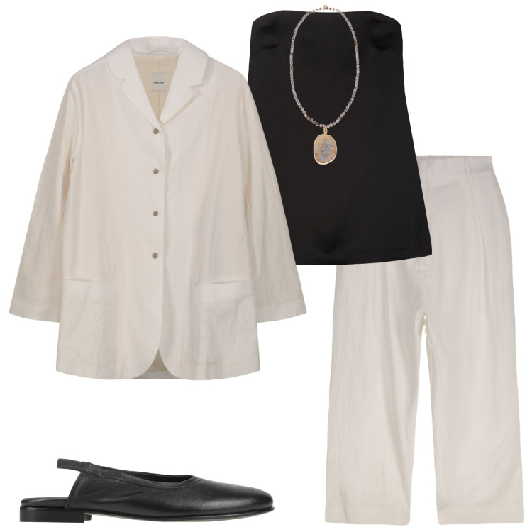 Outfit donna - Doppelganger style. Stile Casual chic per Serata fuori. Abbinamento con ballerine, pantaloni, blazer, top, ciondoli.