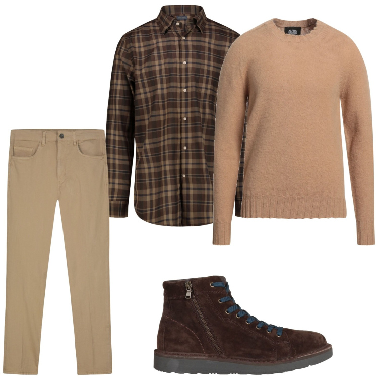 Outfit uomo - Una camminata nei boschi. Stile Urban per Tutti i giorni. Abbinamento con stivali e stivaletti, pullovers, pantaloni, camicie.