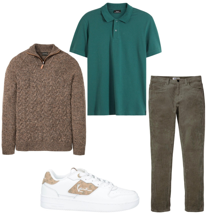 Outfit uomo - I colori dei boschi. Stile Casual per Tutti i giorni. Abbinamento con pantaloni, maglieria, polo, sneakers.