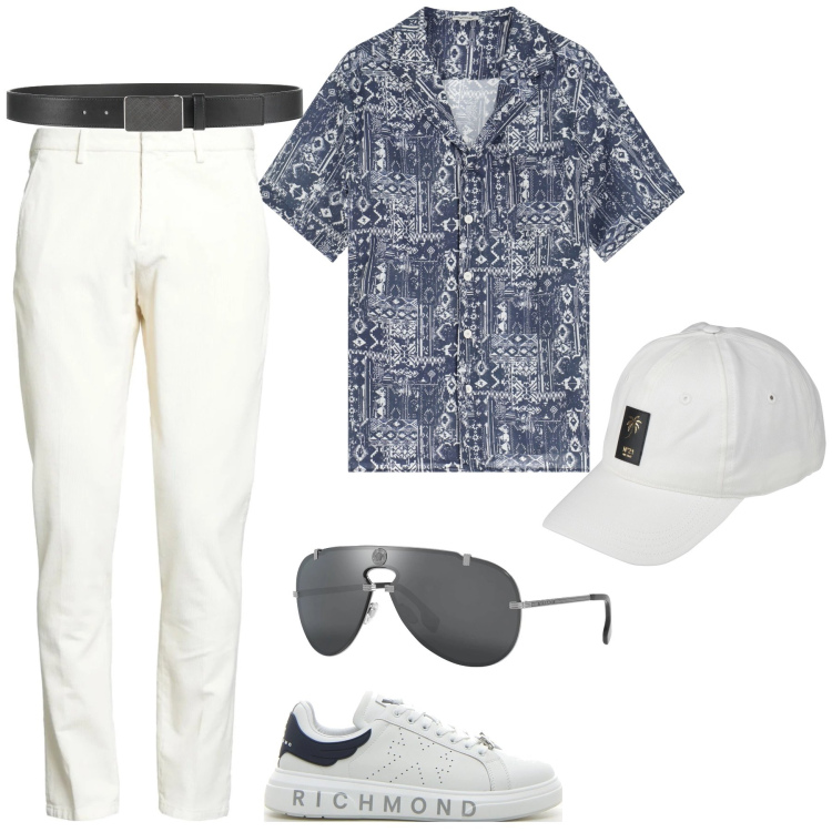 Outfit uomo - Una giornata libera da impegni. Stile Trendy per Tutti i giorni. Abbinamento con cinture, occhiali da sole, pantaloni chino, cappelli con visiera, camicie a manica corta, sneakers.