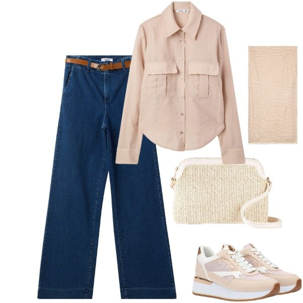 Outfit donna - Camicia in lino con tasconi. Stile Casual chic per Tutti i giorni. Abbinamento con borse a tracolla, camicie, jeans, sneakers, sciarpe.