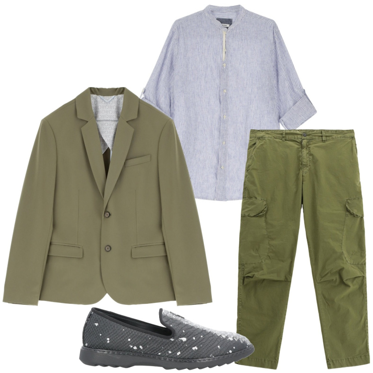 Outfit uomo - Vestirsi di bosco. Stile Casual per Ufficio. Abbinamento con scarpe stringate, giacche, pantaloni cargo, camicie.