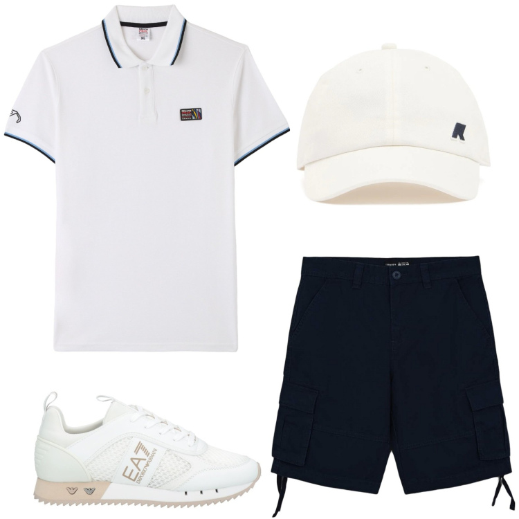 Outfit uomo - Tennis club. Stile Casual per Tutti i giorni. Abbinamento con sneakers, polo, bermuda, cappelli.