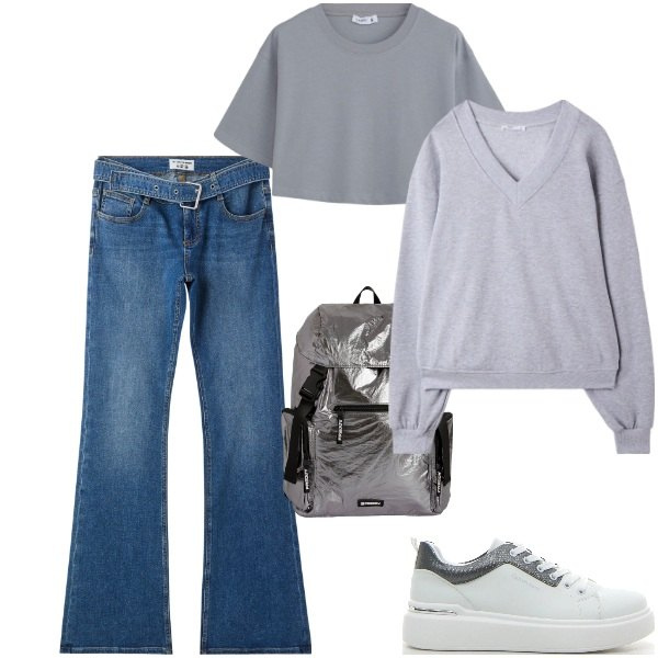 Outfit donna - Lo zaino luminoso. Stile Casual chic per Scuola/Università. Abbinamento con jeans a zampa, felpe, t-shirt, zaini, sneakers.