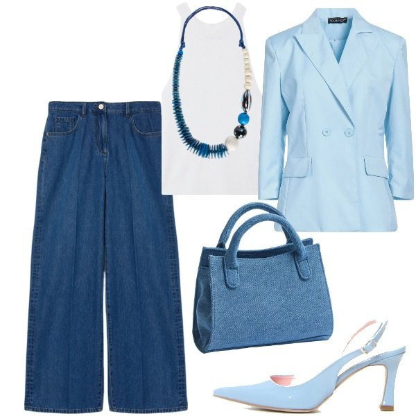 Outfit donna - IN ufficio in jeans. Stile Casual chic per Ufficio. Abbinamento con blazer, top, borse a tracolla, jeans, collane, décolleté.