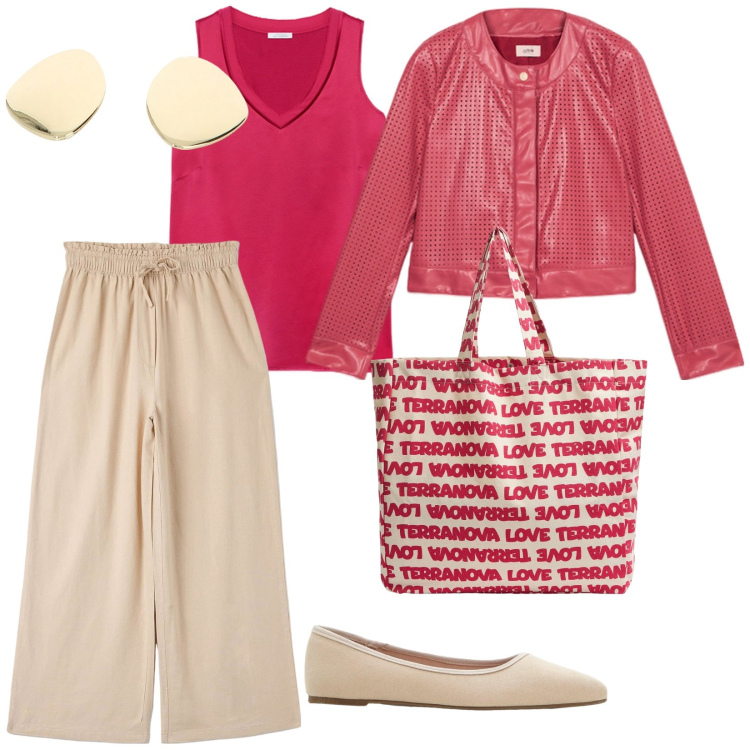 Outfit donna - Al centro commerciale. per Tutti i giorni. Abbinamento con ballerine, pantaloni, borse tote, orecchini, top, giacche.