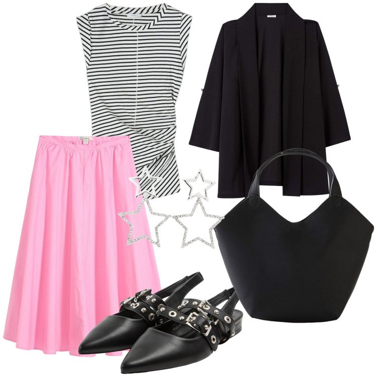 Outfit donna - Rosa rosa. per Scuola/Università. Abbinamento con gonne longuette, borse a mano, orecchini, sabot, blazer, top.