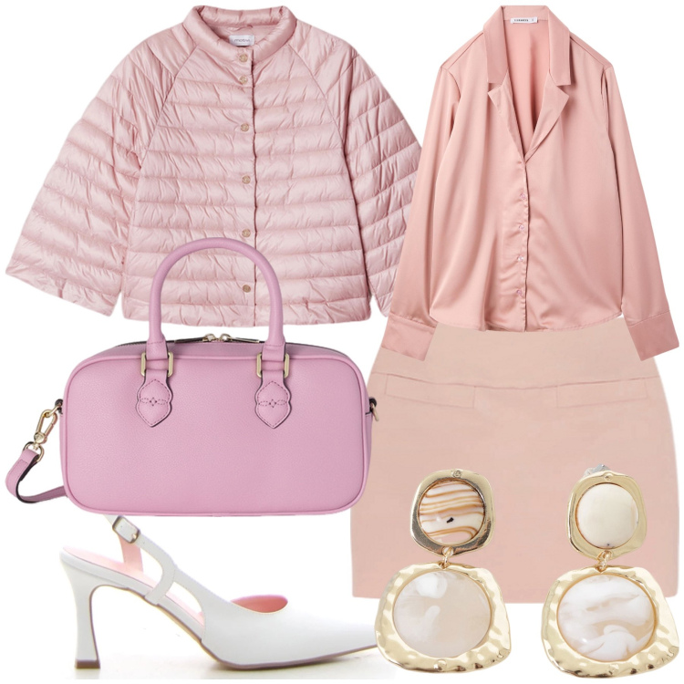 Outfit donna - Motivi di rosa e altri brand. Stile Bon Ton per Ufficio. Abbinamento con bluse, orecchini, borse a mano, cappe, minigonne, décolleté.