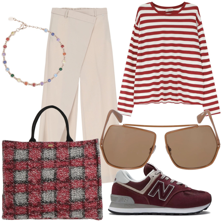 Outfit donna - Total look. Stile Casual chic per Tutti i giorni. Abbinamento con borse a mano, braccialetti, sneakers, pantaloni, t-shirt, occhiali da sole.