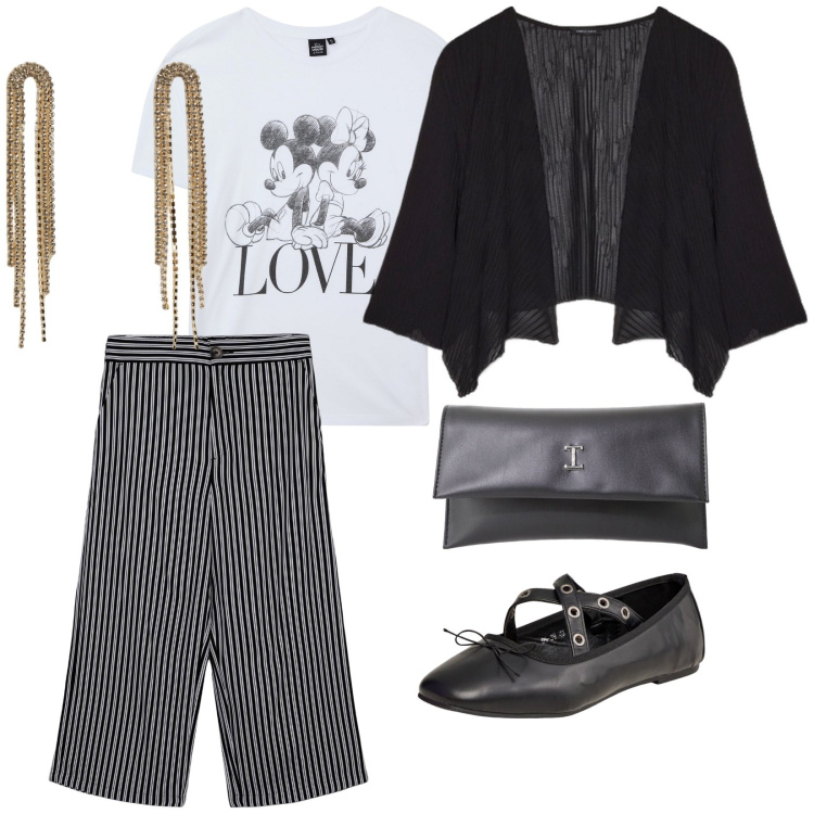 Outfit donna - Orecchini lunghi. per Serata fuori. Abbinamento con t-shirt, ballerine, pantaloni a palazzo, orecchini, pochette, bolero.