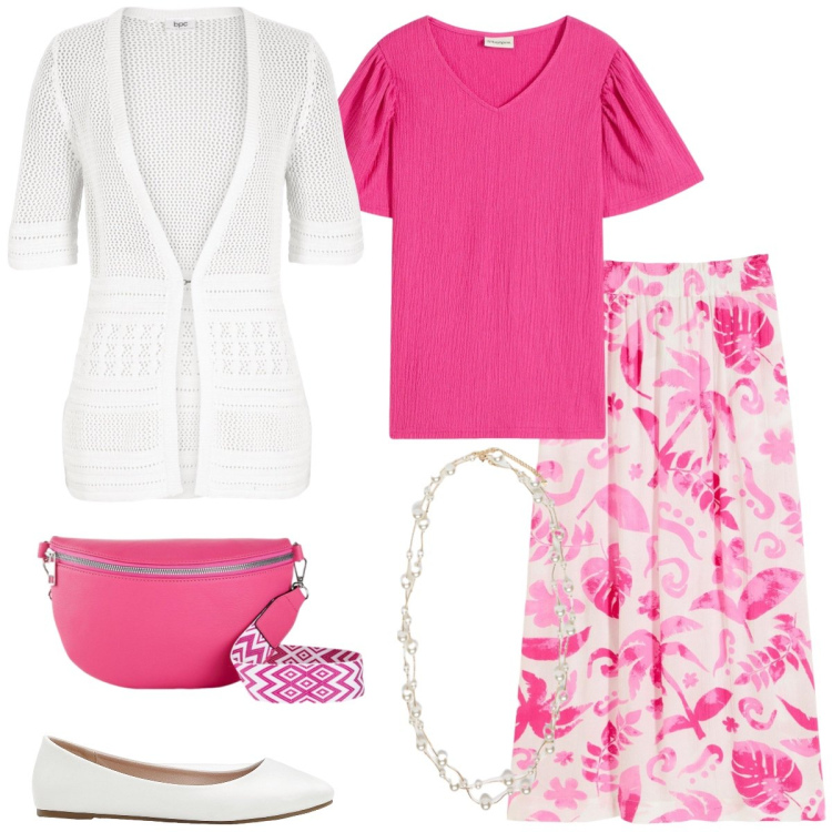 Outfit donna - Passeggiata. Stile Romantica per Tutti i giorni. Abbinamento con ballerine, cardigans, gonne lunghe, t-shirt, marsupi, collane.