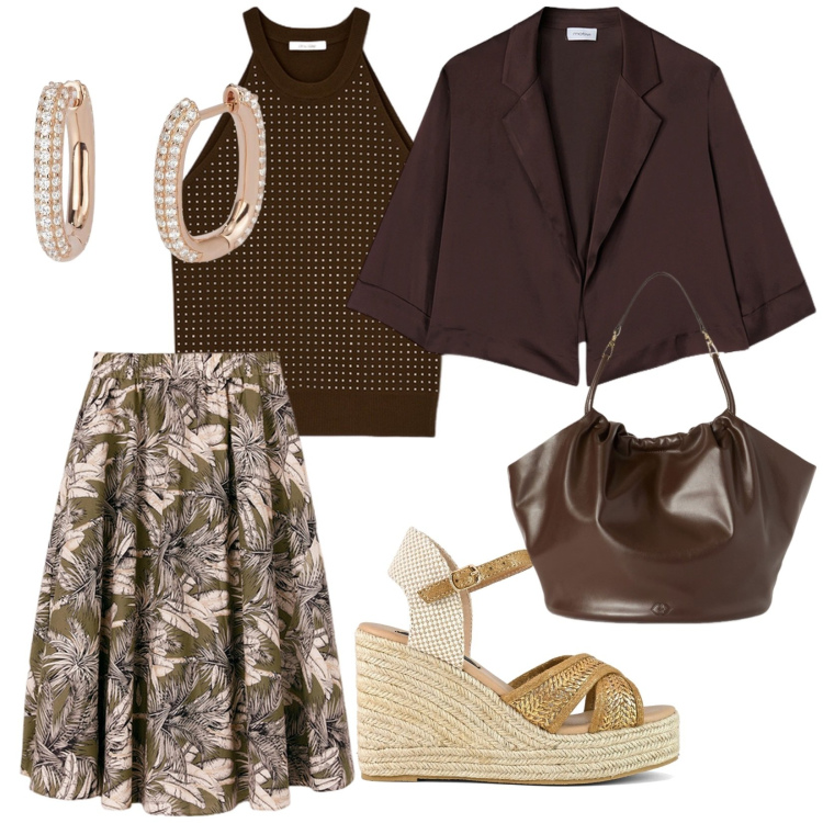 Outfit donna - Con le zeppe a lavoro. per Ufficio. Abbinamento con orecchini, zeppe, blazer, gonne longuette, top, borse a secchiello.
