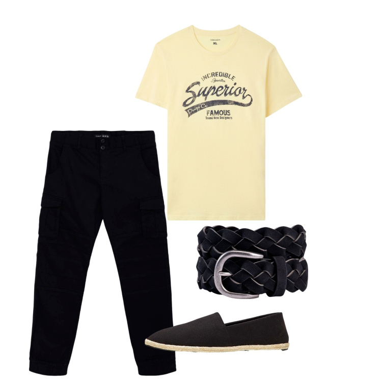 Outfit uomo - Espadrillas. Stile Casual per Tutti i giorni. Abbinamento con espadrillas, t-shirt, pantaloni cargo, cinture.