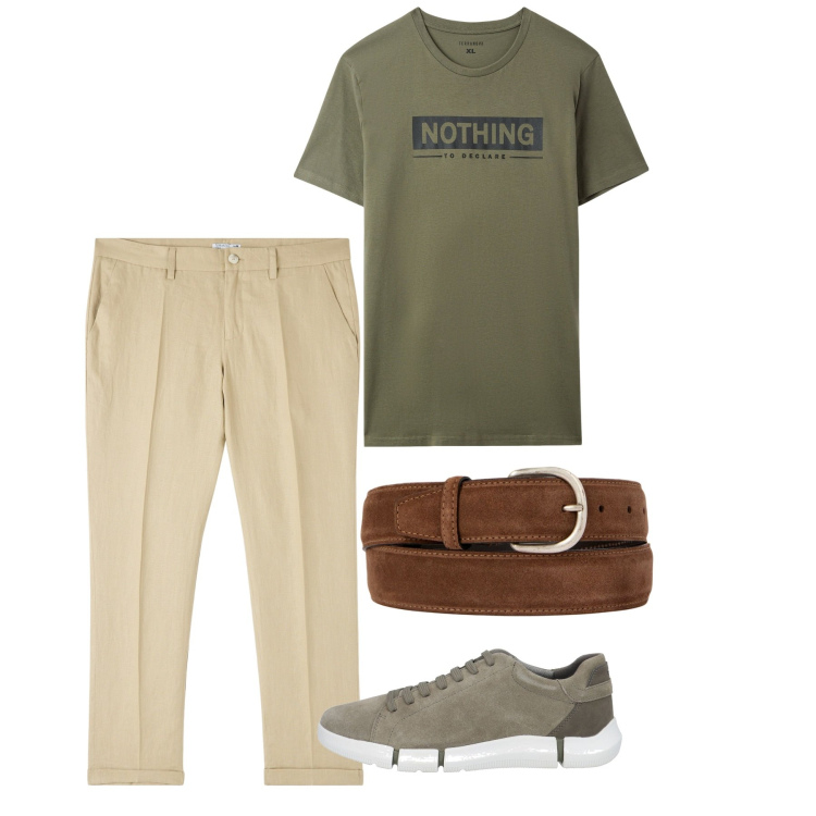 Outfit uomo - Maggio. Stile Casual per Tutti i giorni. Abbinamento con sneakers, pantaloni chino, t-shirt, cinture.