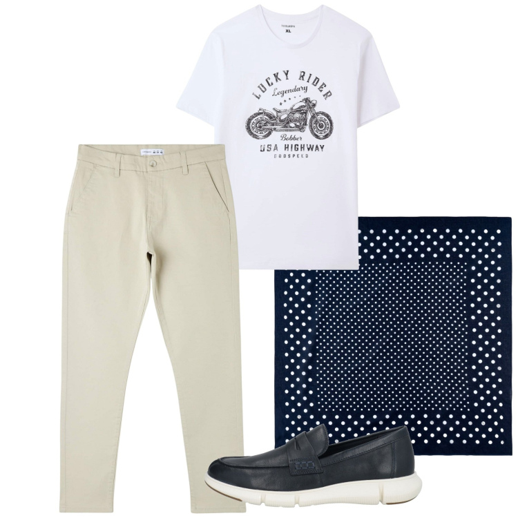 Outfit uomo - Col foulard. Stile Casual per Tutti i giorni. Abbinamento con scarpe stringate, pantaloni skinny, t-shirt, sciarpe e foulard.