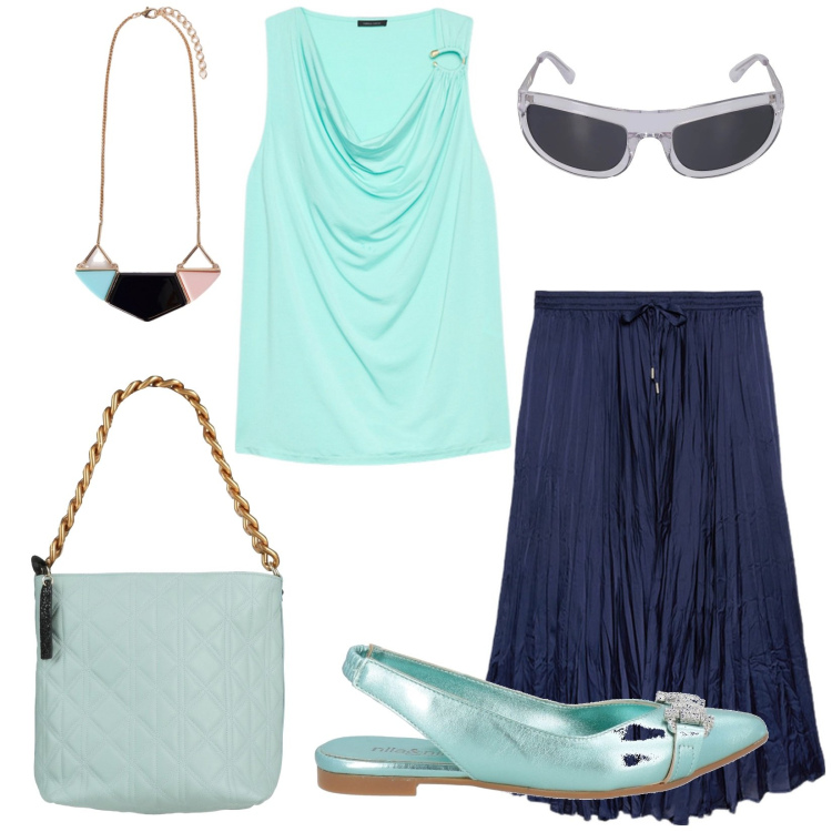 Outfit donna - Pranzo con le amiche. Stile Casual per Tutti i giorni. Abbinamento con ballerine, borse a mano, gonne lunghe, top, ciondoli, occhiali da sole.