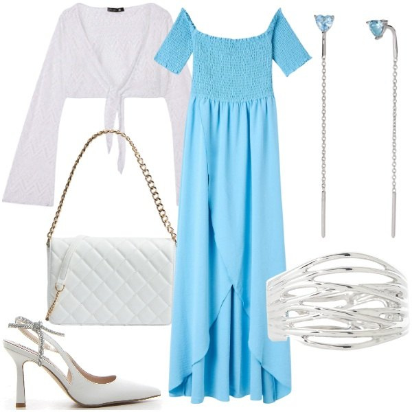 Outfit donna - Color cielo. Stile Glamour per Cerimonia. Abbinamento con vestiti lunghi, bolero, borse a tracolla, orecchini, braccialetti, décolleté.