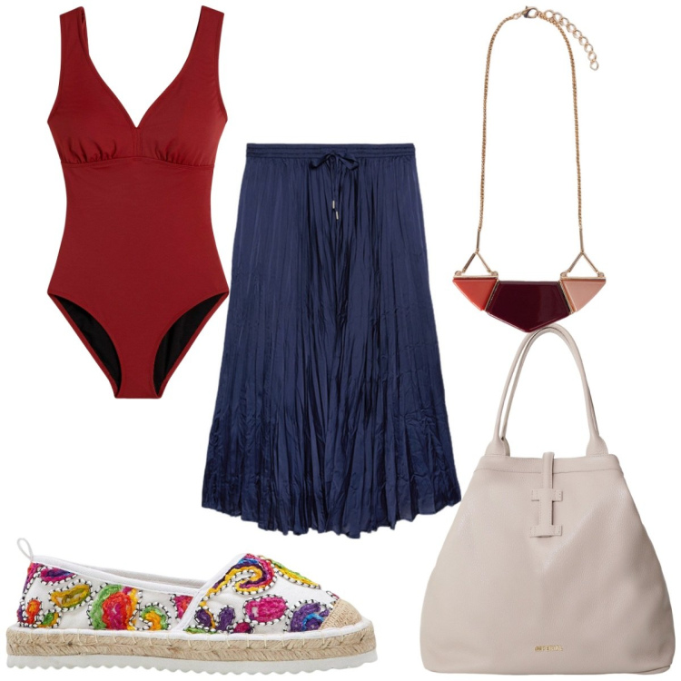 Outfit donna - Total look #2166831. Stile Etnico per Mare. Abbinamento con espadrillas, costumi interi, borse tote, gonne lunghe, ciondoli.