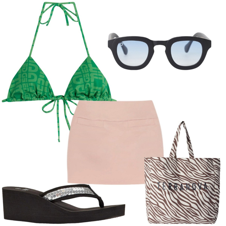 Outfit donna - Total look #2166832. Stile Trendy per Mare. Abbinamento con infradito, borse tote, occhiali da sole, bikini, minigonne.