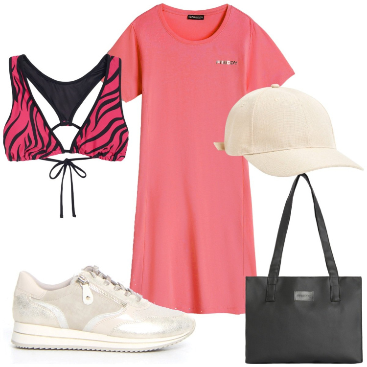Outfit donna - Total look #2166835. Stile Basic per Mare. Abbinamento con cappelli, shopping bag, vestiti corti, bikini, sneakers.
