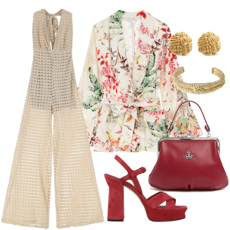 Outfit donna - Tuta beige per una cerimonia. Stile Chic per Cerimonia. Abbinamento con sandali in pelle, blazer, tute, borse a mano, braccialetti, orecchini.