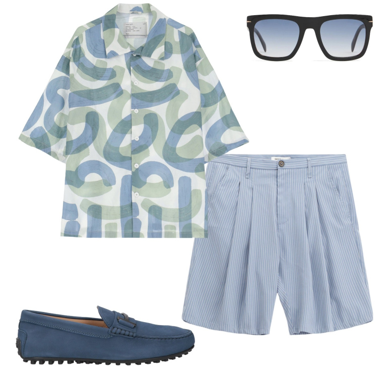 Outfit uomo - Sporty chic. Stile Trendy per Serata speciale. Abbinamento con scarpe stringate, bermuda, camicie a manica corta, occhiali da sole.