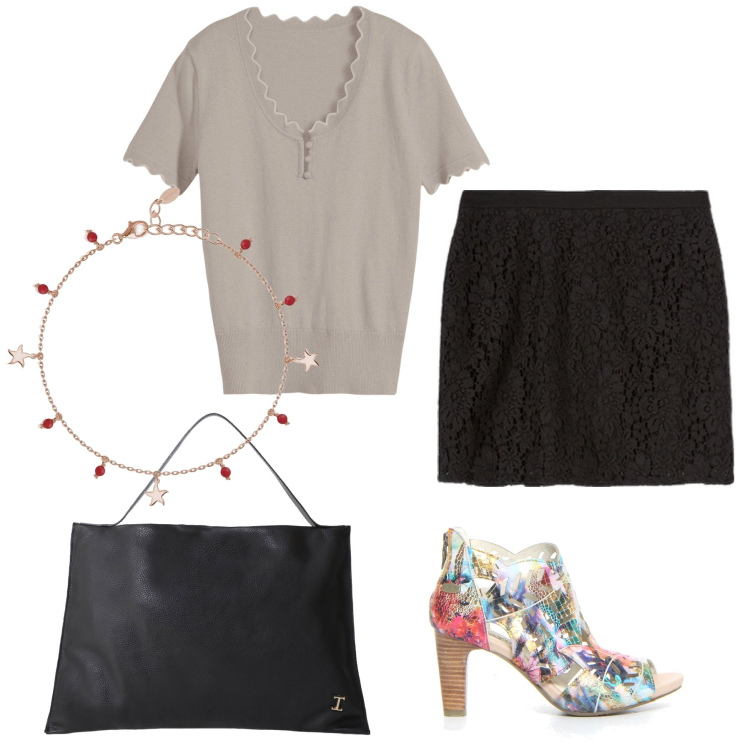 Outfit donna - Quando una scarpa fa il look. Stile Urban per Ufficio. Abbinamento con maglieria, braccialetti con ciondoli, borse a spalla, minigonne, sandali col tacco.
