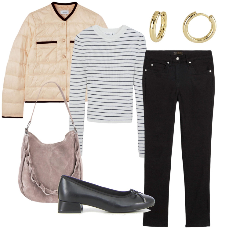 Outfit donna - In ufficio. Stile Casual chic per Ufficio. Abbinamento con jeans dritti, borse a mano, maglieria, orecchini, piumini, ballerine.