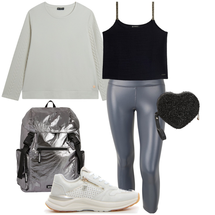 Outfit donna - A pilates. Stile Sporty chic per Sport. Abbinamento con portafogli, felpe, zaini, pantaloni, canottiere, sneakers.