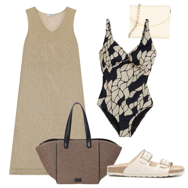 Outfit donna - Al mare. Stile Bon Ton per Mare. Abbinamento con costumi interi, portafogli, vestiti midi/longuette, shopping bag, ciabatte.